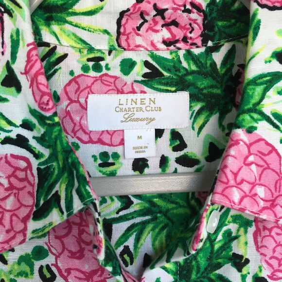 Charter Club Luxury Shirt M Linen Button Up Top Pineapple Print Casual Tropical - Picture 4 of 13